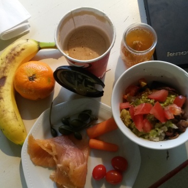 Lunch! Bullet proof coffee, kombucha, leftover taco bowl and buffalo chicken, salmon, veg and fruits